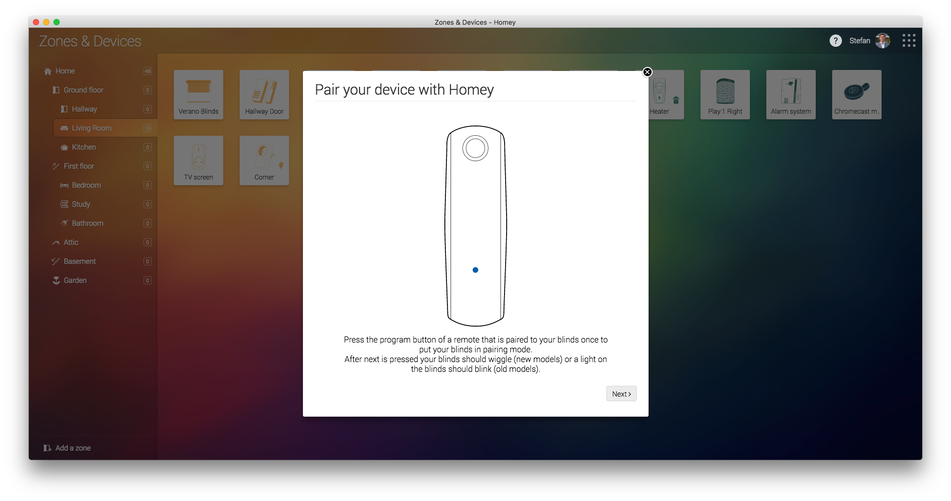 Pairing your Somfy remote to Homey