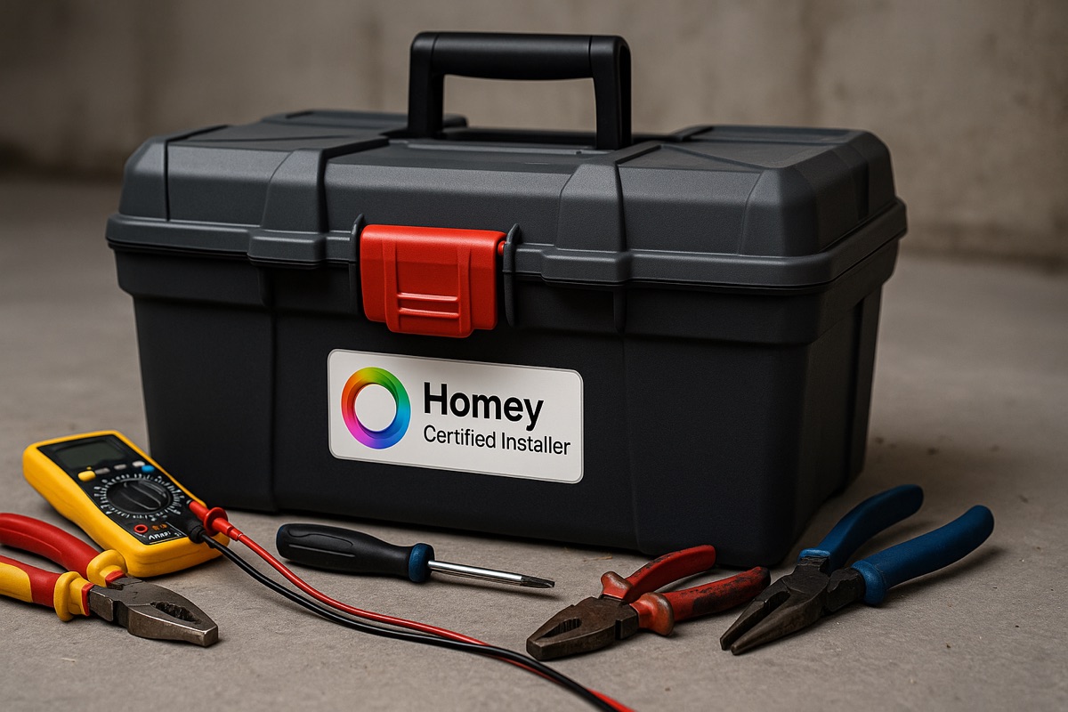 Homey Certified Installer Badge on a toolbox