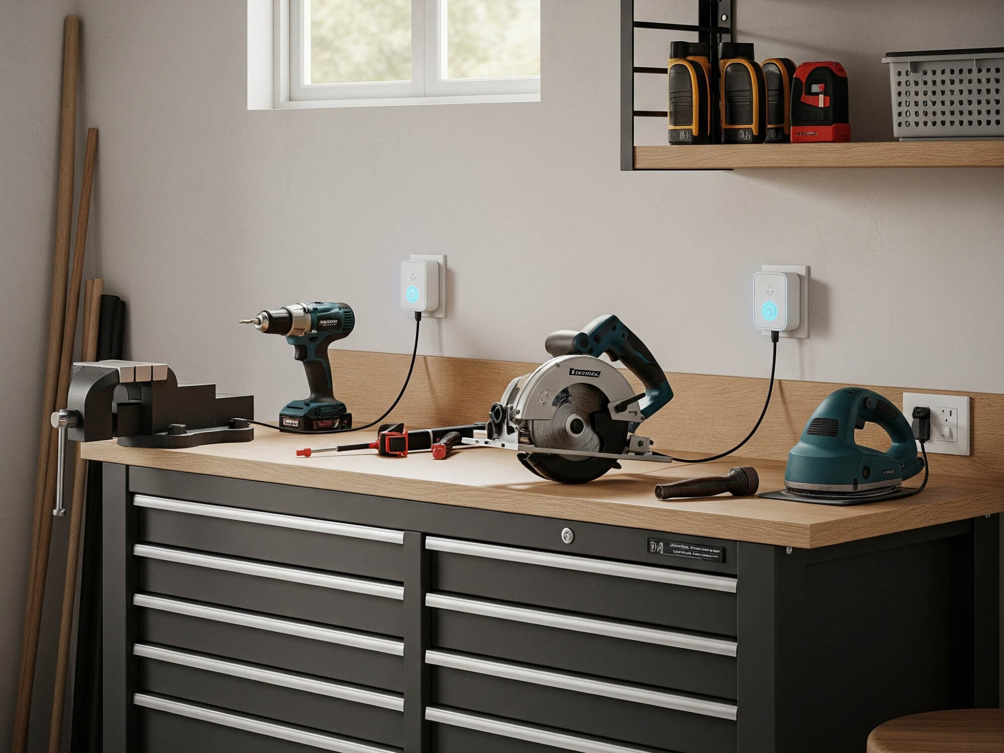 Power Tools Connected to Smart Plugs in Garage